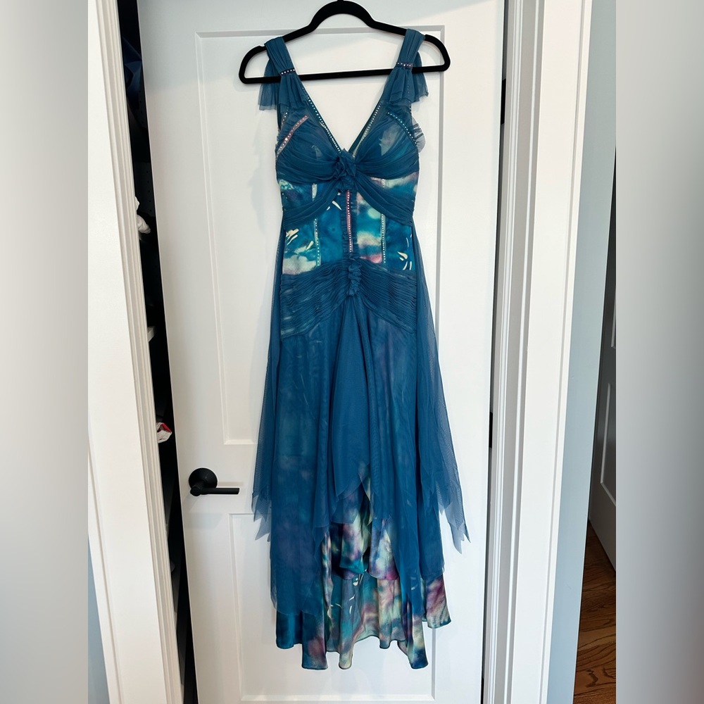 JOVANI Blue Mesh Overlay Evening Dress